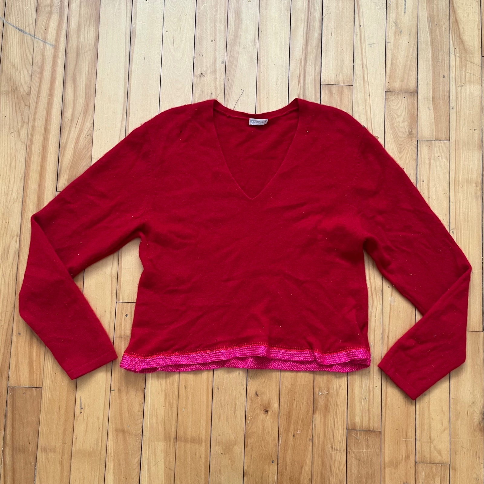 Holt Renfrew Red V Neck Long Sleeve Sweater Cropped Pink Trim Size M